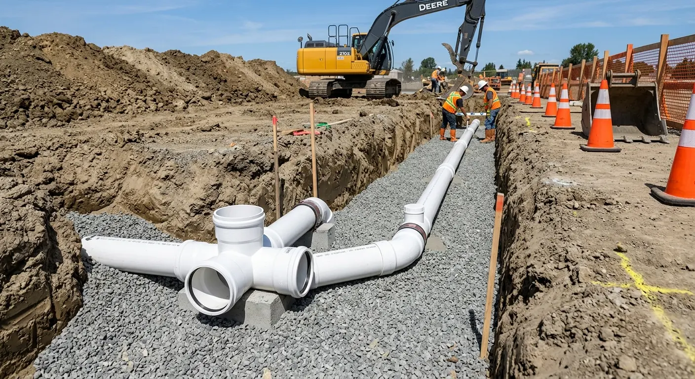 New PVC sewer pipe installation in open trench for Sewer Backup in Murray