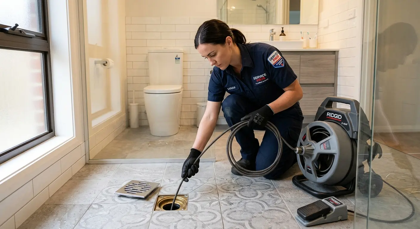 Technician clearing a bathroom floor drain for Drain Cleaning in Murray